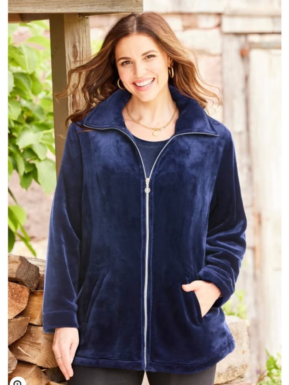 Catherines Velour Jacket Womens Size 3X Navy Blue Full Zip Kangaroo Pocket Soft